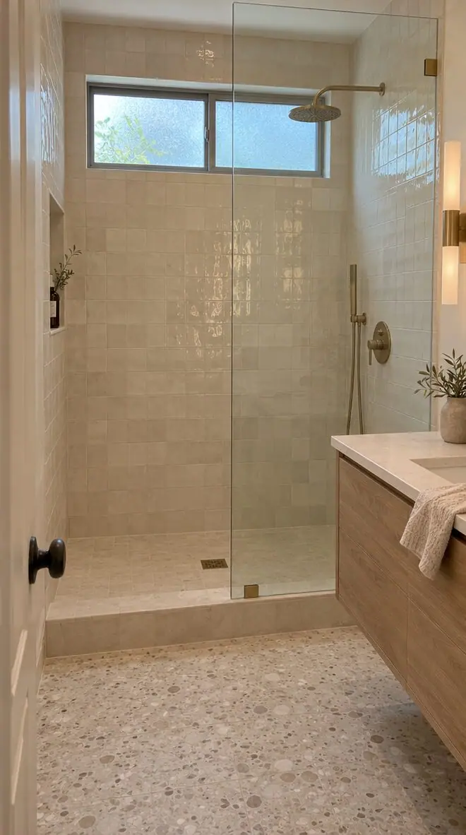 After: finished tiled walk-in shower with glass panel