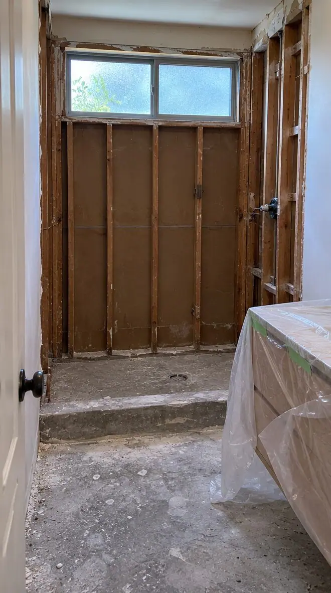 Before: bathroom shower gutted to the studs