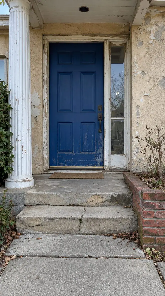 Before: weathered front entrance and steps