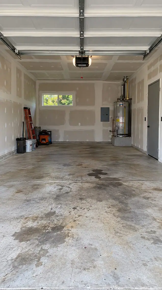 Before: stained concrete garage slab