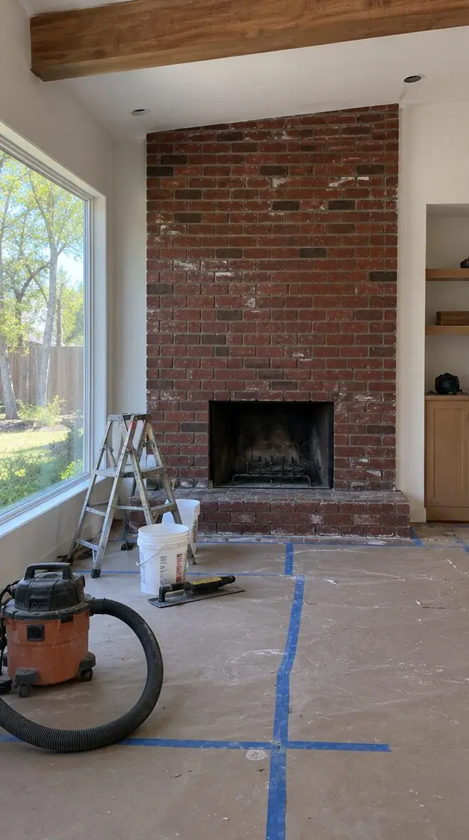 Before: dated brick fireplace