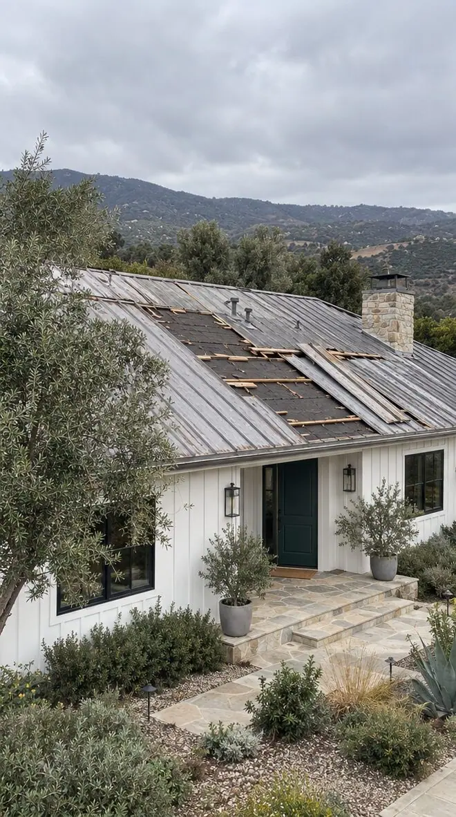 Before: worn, damaged metal roof on a ranch house