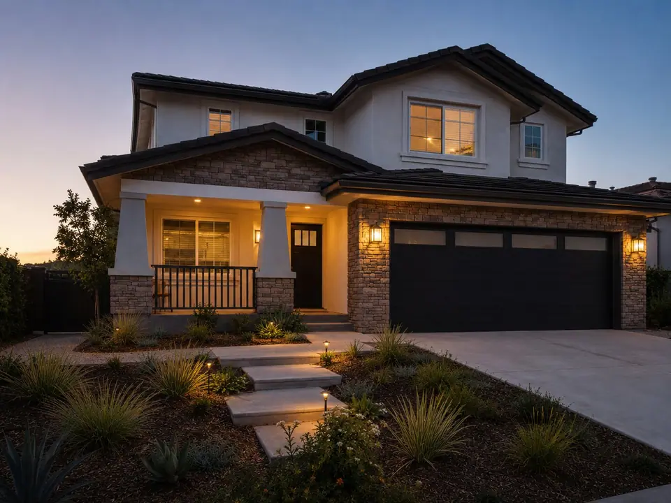 Two-story home exterior remodel with stone accents
