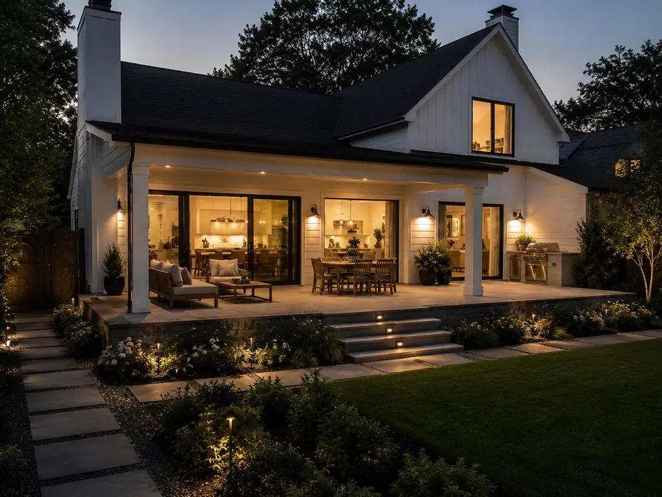 Covered patio and outdoor living space at dusk