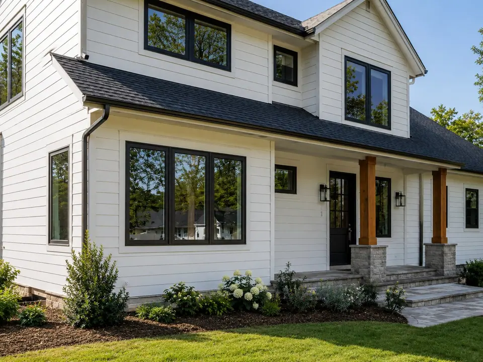 White two-story home exterior with black windows