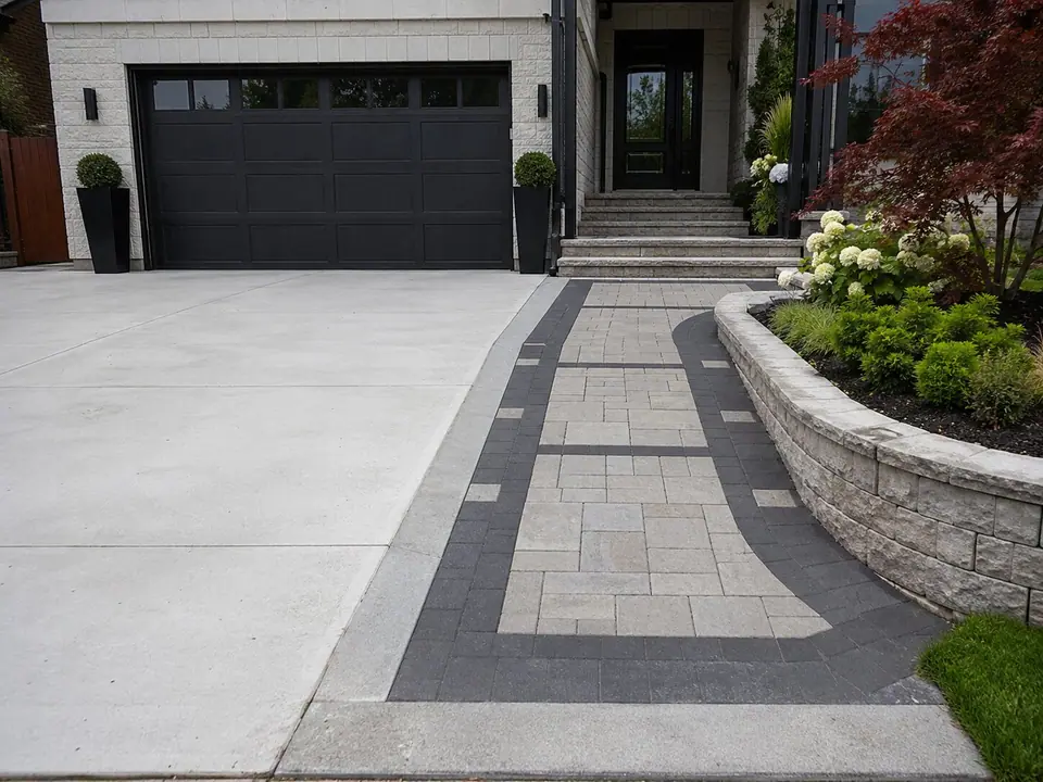 Concrete driveway with paver walkway and retaining wall